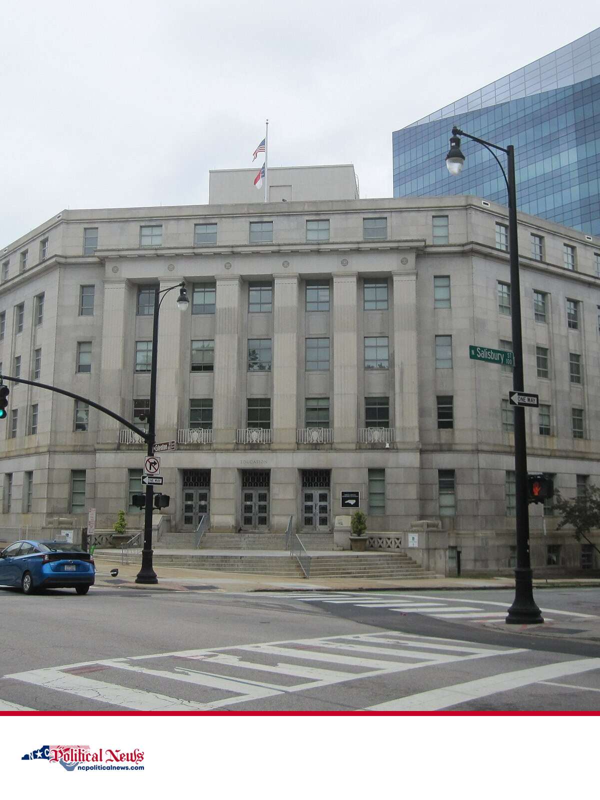 North Carolina Department of Justice building in Raleigh, with a red divider and small NCPN logo on a white footer.