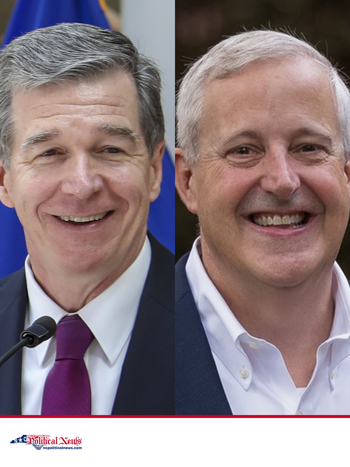 Side-by-side photographs of Roy Cooper, left, and Michael Whatley above the NC Political News footer.