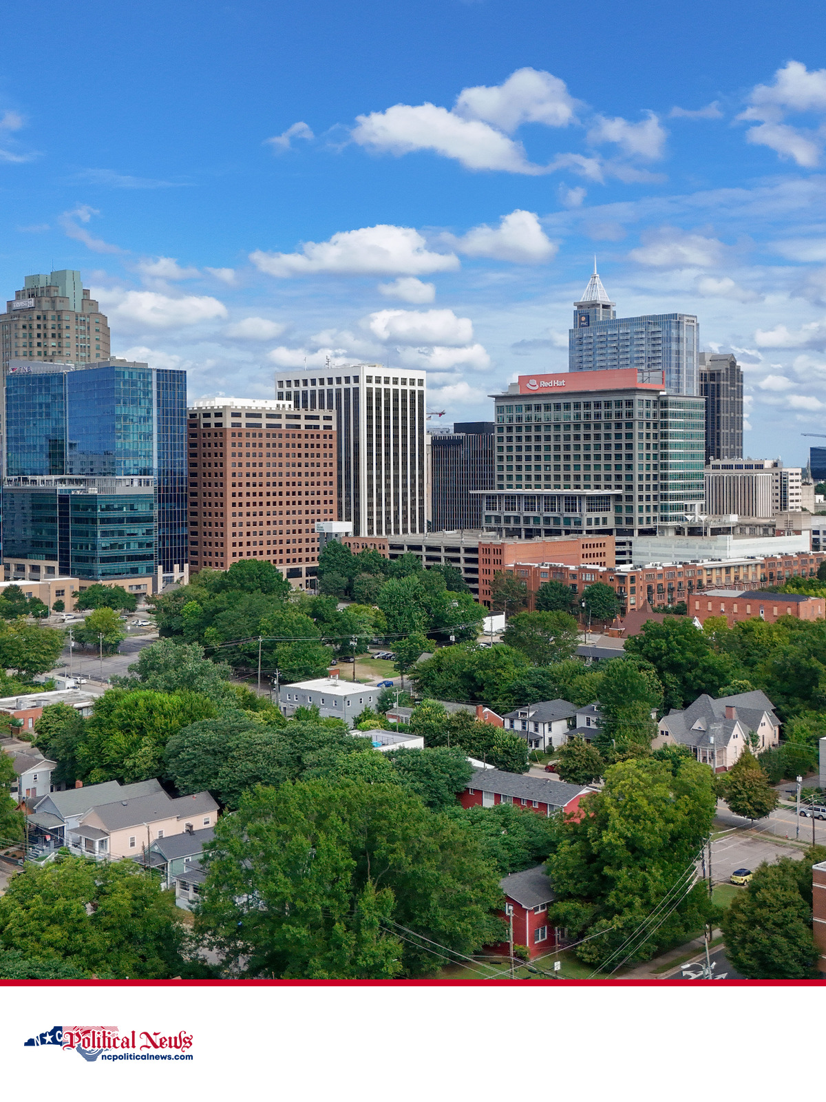Raleigh skyline and residential neighborhoods above the NC Political News footer.
