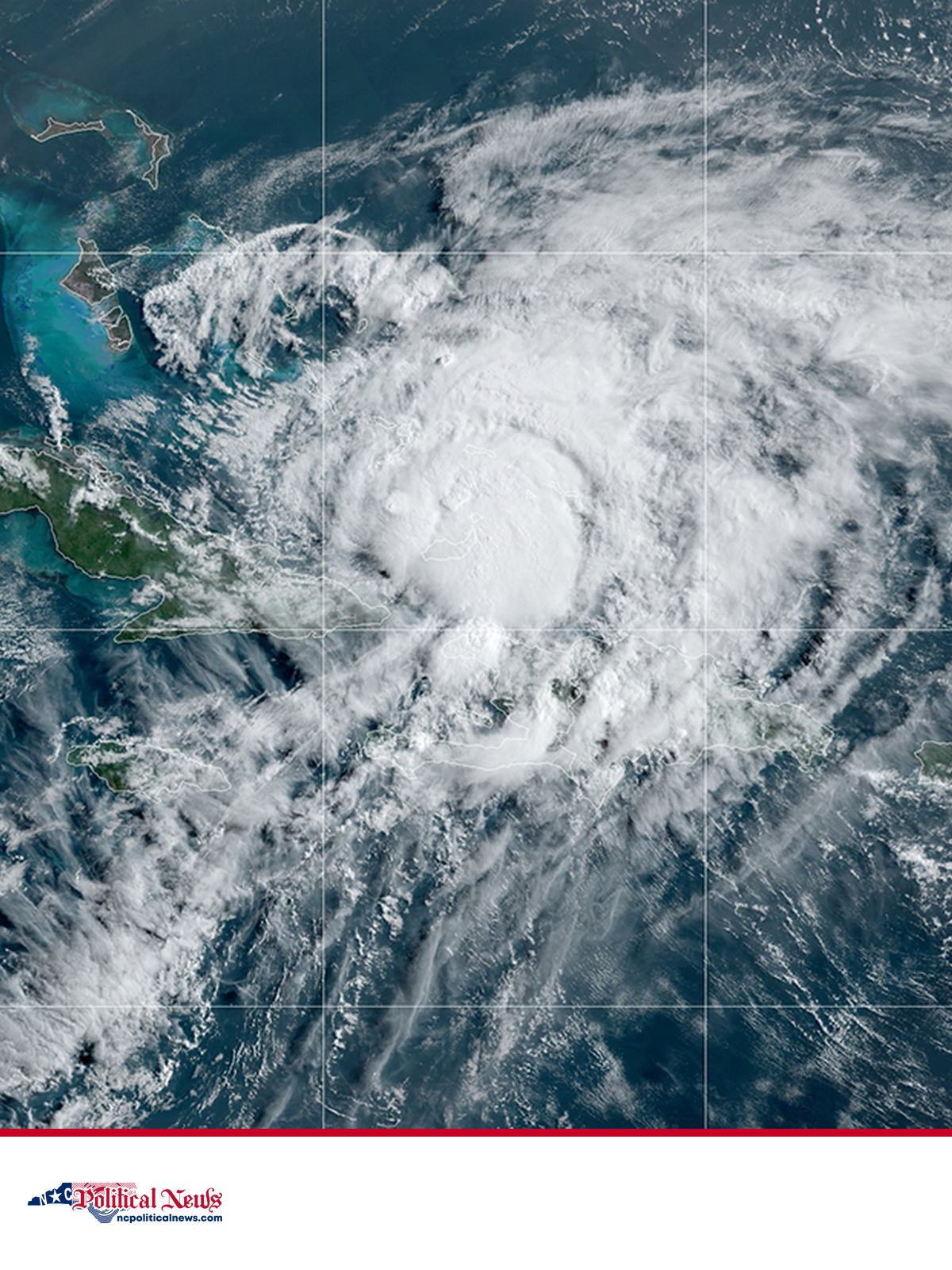NOAA satellite file image of Hurricane Isaias over the Bahamas in July 2020 above the NC Political News footer.