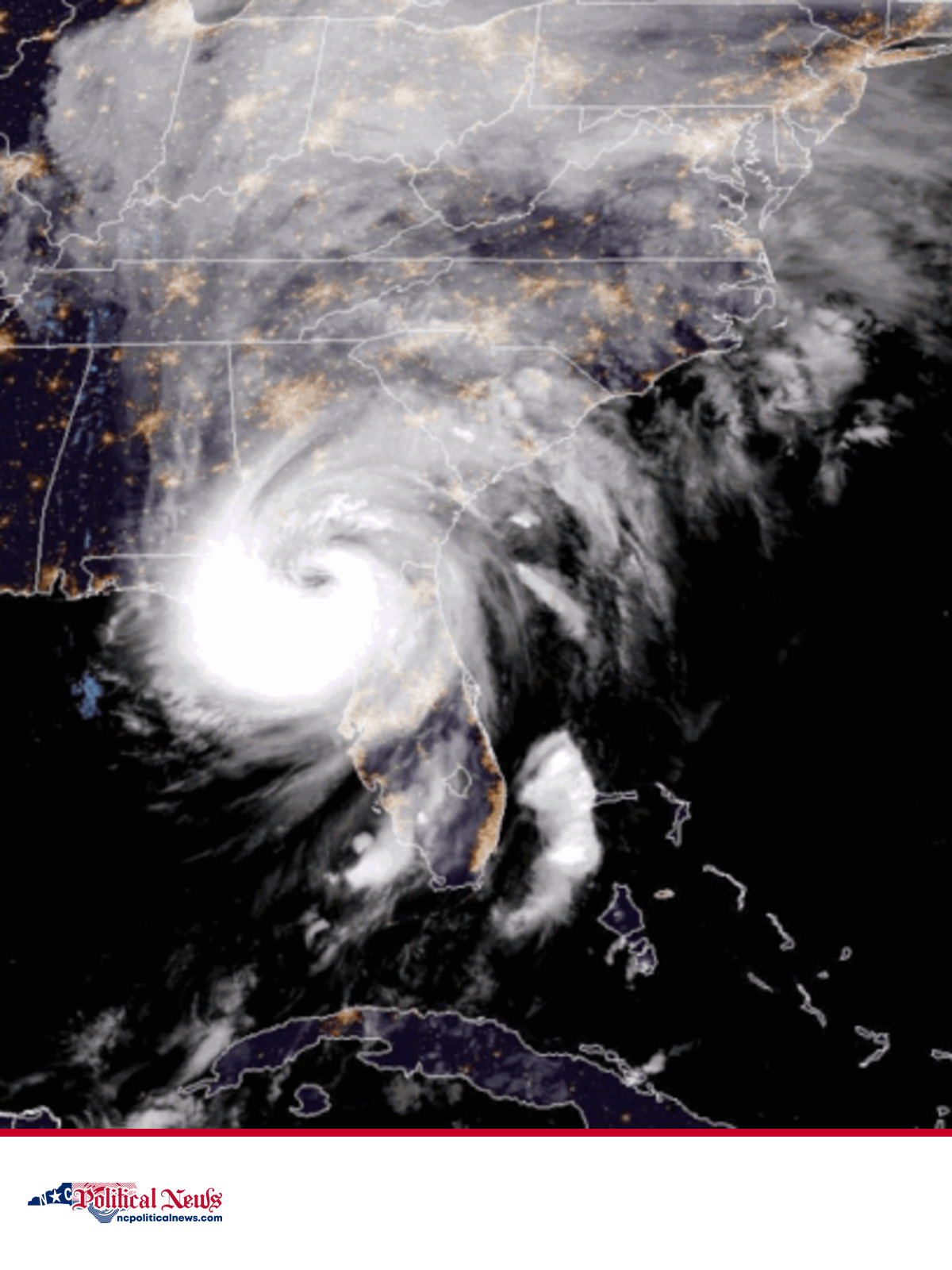 GOES-16 satellite image shows Hurricane Helene moving across the Southeast above the NC Political News footer.