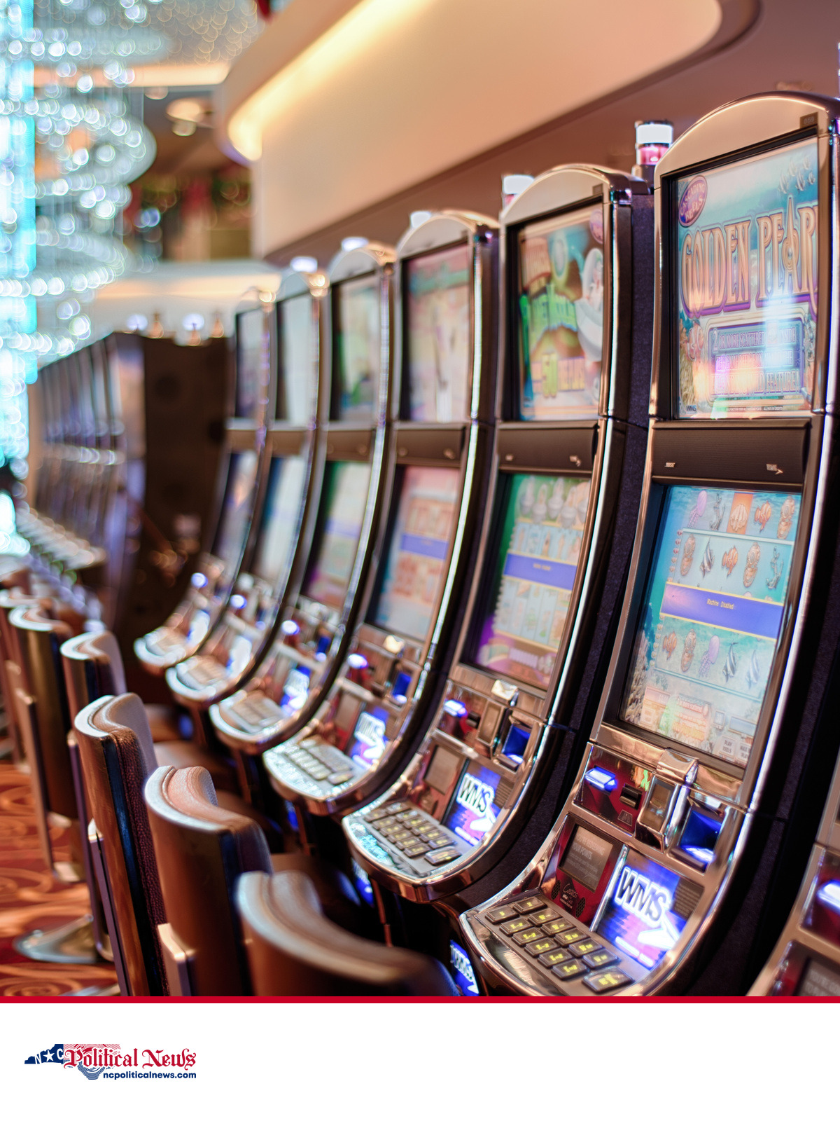 Row of casino gaming machines used as contextual imagery for a North Carolina sports-betting participation story.