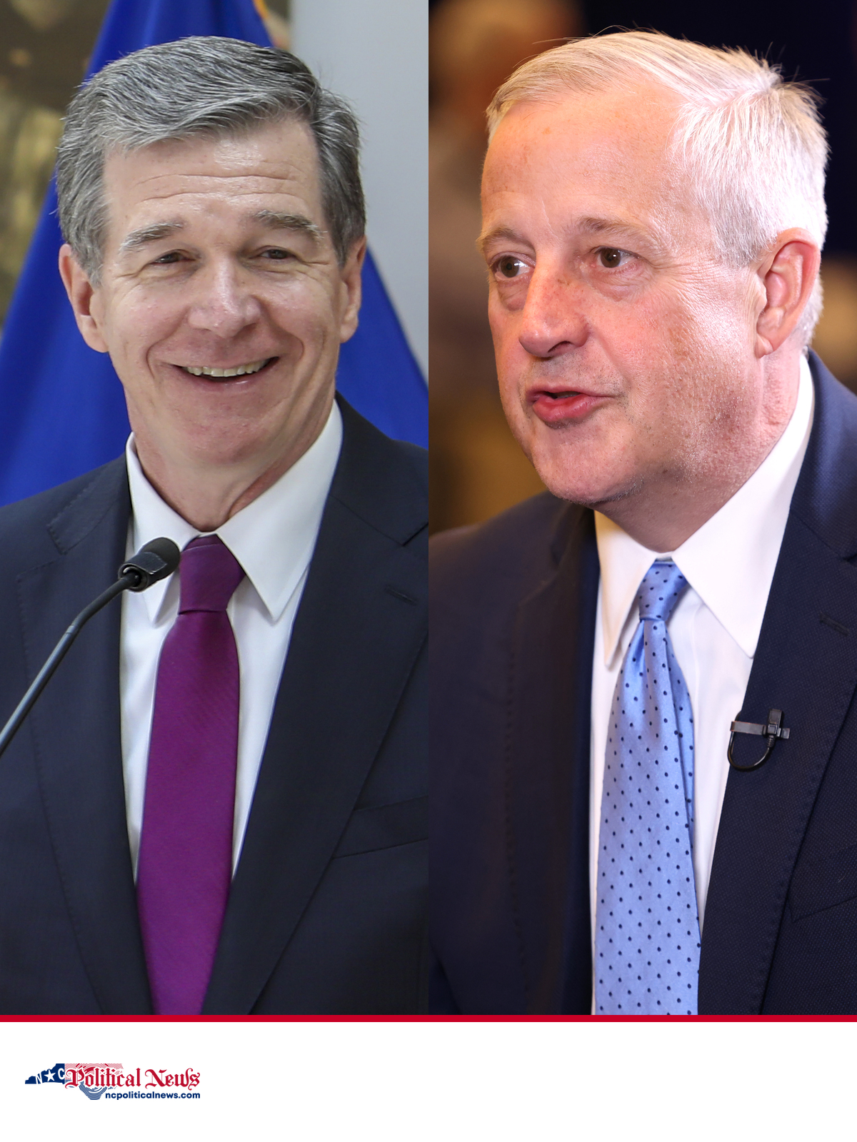File photographs of Roy Cooper, left, and Michael Whatley, right, with NC Political News branding.