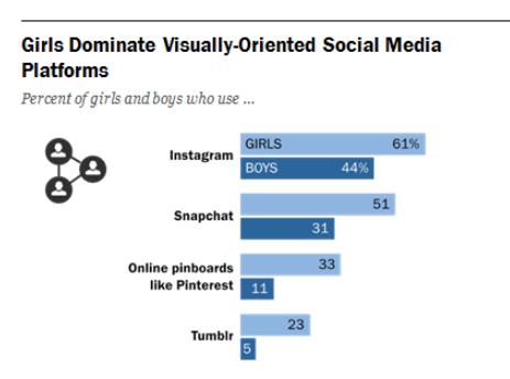    Chart from Jonathan Haidt on gender breakdown of social media sites.   